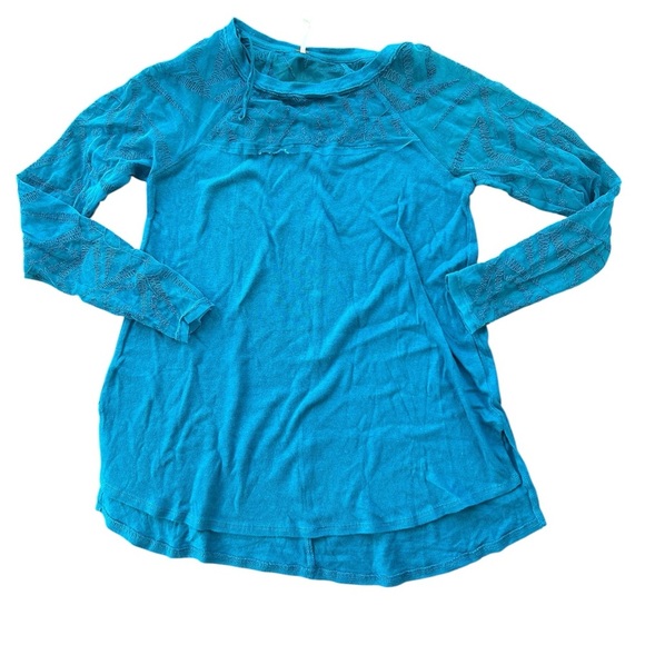 Free People Sidney Embroidered Mixed Media Long Sleeve Teal Top Size XS NWT - Picture 3 of 9
